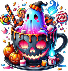 Watercolor Halloween, Ghost Party Halloween, Coffee Ghost Fantasy, Pumpkin, Spider, Commercial Use