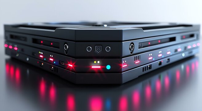  a close up of a video game system on a table.