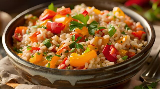 Vibrant ribbons of red and yellow bell peppers mixed throughout a creamy buckwheat risotto adding a pop of color and sweetness.