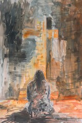 Figure sits on ground with gray shirt and black pants. Abstract painting in background features orange, brown cross against dark blue backdrop. Woman prays in front of cross. Devotion captured.