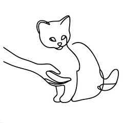 stylized drawing, human hand stroking a cat, one-line vector drawing