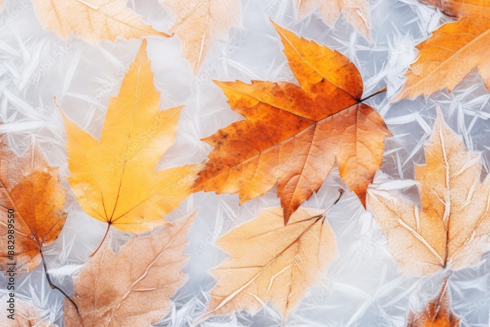 Wall mural Autumn bright orange maple leaves under ice textured background