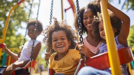 A child and mother have fun playing at the outdoor playground. happy outdoor activity concept