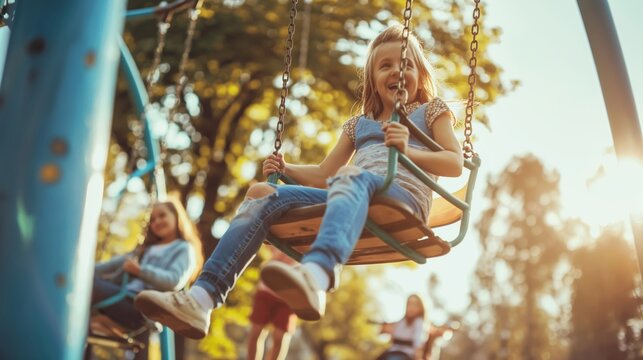 A child and mother have fun playing at the outdoor playground. happy outdoor activity concept
