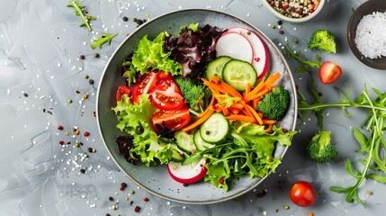 High angle of ceramic bowl with tasty healthy salad and vegetables placed with sliced cucumber and tomato with cutlery and fabric over gray table.