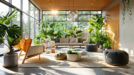 Modern living room with large windows, lush indoor plants, cozy furniture, and plenty of natural light creating a serene ambiance.