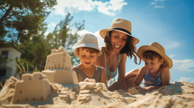 A child and mother have fun playing at the outdoor playground. happy outdoor activity concept
