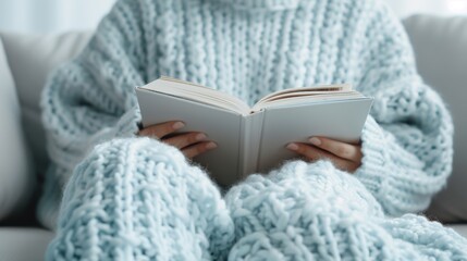 A woman is sitting on a couch with a book in her hands