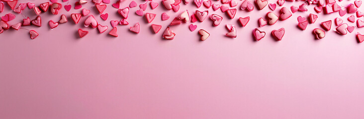 Pink background with tiny pink hearts border decoration, flat lay, top view, copy space concept, valentine's day theme