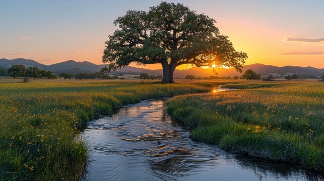 Majestic oak tree by stream at sunset - generative ai