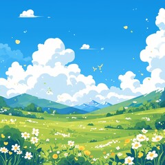 Fototapeta premium Vibrant summer meadow blooms beneath blue sky, green grass, and fluffy clouds