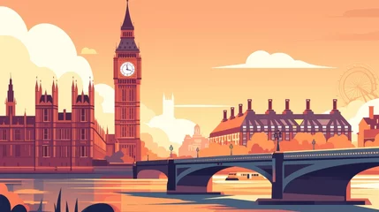 Glasschilderij Kinderkamer Cute cartoon landscape of the iconic Big Ben clock tower in London, minimalist backgrounds, simple and colorful illustrations  © fourtakig