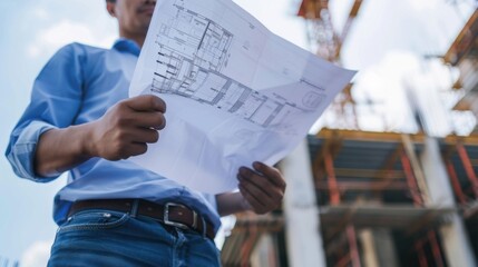 Engineer reviewing building plan at construction site, ensuring project accuracy and adherence to design specifications.