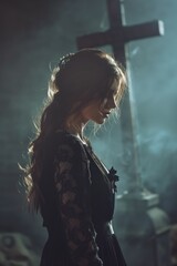 Naklejka premium Woman stands in front of cross and tombstone at night. Dark background with smoke. Black dress with lace sleeves. Loose hair waves. Symmetrical composition.