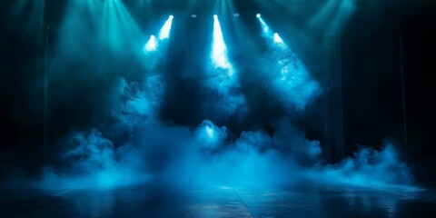 Obraz premium exciting Illuminated stage with scenic lights and smoke. Blue spotlight with smoke volume light effect on black background