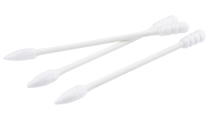 Three cosmetic cotton swabs for make-up and manicure isolated on a transparent background. Full depth of field.