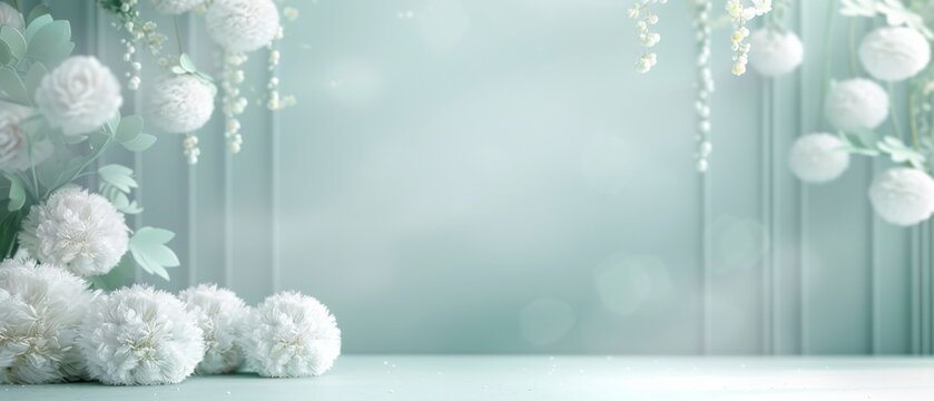 Elegant white floral backdrop with soft focus, perfect for weddings, events, and sophisticated settings. Delicate flowers create an inviting ambiance.
