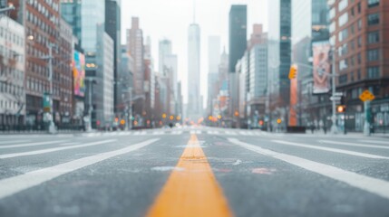 Fototapeta premium Empty city street with a focus on a yellow line, surrounded by tall buildings, creating an urban feel in a downtown area.