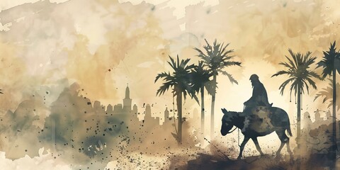 Fototapeta premium Desert landscape with horse rider approaching palm trees. Serene and peaceful atmosphere. Minimalist black and white photo. Perfect for travel, adventure, or nature themes.