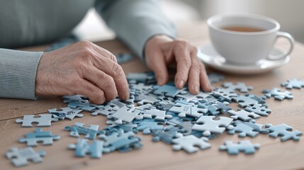 A person is working on a jigsaw puzzle on a table