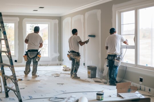 three male workers from the professional home renovation service painting walls light gray in a big bright living room interior inside a new modern house or apartment