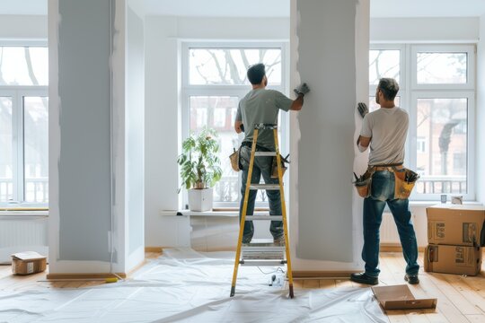 Two male workers from the professional home renovation service painting walls light gray in a living room interior inside a new modern house or apartment