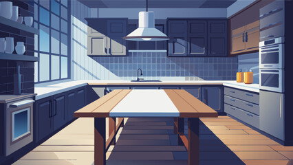 Fototapeta premium dining room Wooden table on blurred kitchen bench background. Empty wooden table and blurred kitchen background