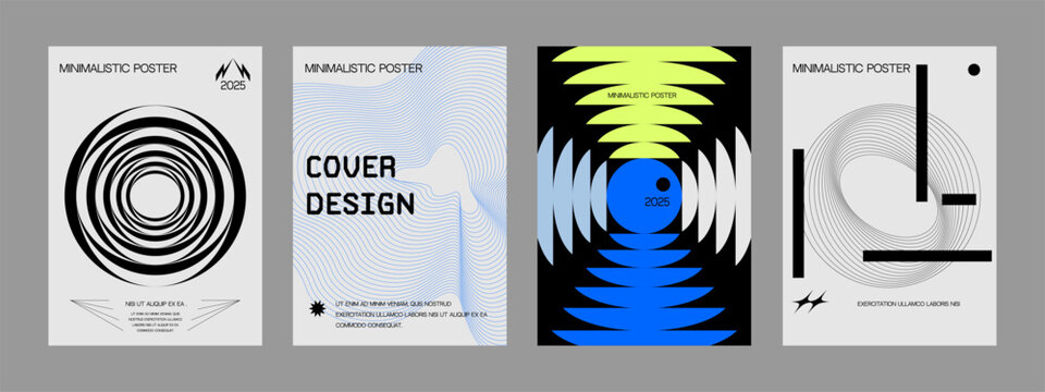 Posters with silhouette minimalistic basic figures, extraordinary graphic assets of geometrical shapes swirl style. Modern minimal monochrome print brutalist.