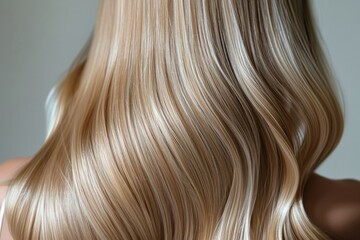 Fototapeta premium Back close-up view of woman with long highlighted blonde shiny hair on grey background. Concept: beauty eco product design, haircare, hair coloring techniques, dyeing, woman's health 