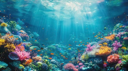 Fototapeta premium Vibrant underwater coral reef scene with colorful marine life and sun rays penetrating the ocean surface