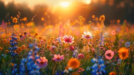 Beautiful sunset over a vibrant field of wildflowers, exhibiting an array of colors in a serene natural landscape