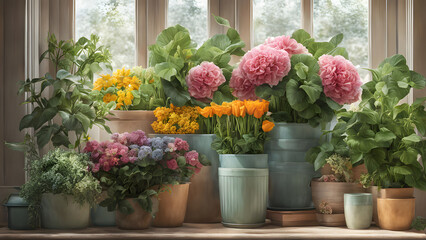 Fototapeta premium A florist full of fresh flowers from a pastel planter, surrounded by plants and potted greens on a shelf, ai 