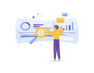 data visualization and analytics concept. a data analyst analyzes, explores, and develops big data. observing and processing company or business information. flat style design. graphic elements