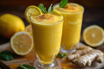 Fototapeta premium Refreshing Yellow Smoothie with Ginger and Lemon