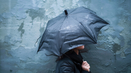 A Person with Umbrella Embraces the Rain, Standing Resolute Amidst Urban Ambiance. The Umbrella, a Colorful Canopy Against the Gray Sky, Defies the Downpour with Grace and Purpose. 