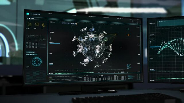 Inside a Research Laboratory. Data and Image on Screen. Close up to a Virus Structure. Coronavirus Detected on Screen. Using cryo electron microscopy aids the search for Covid 19 Vaccine. UI