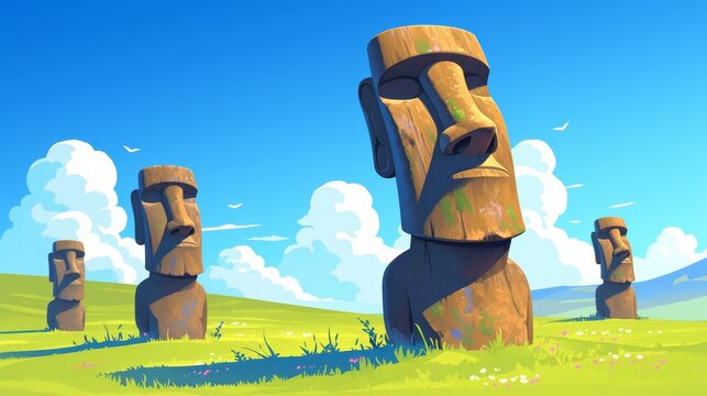 Cute cartoon landscape of the carved moai statues on Easter Island, minimalist backgrounds, simple and colorful illustrations
