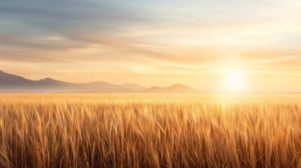 Fototapeta premium Golden wheat field at sunset with mountain silhouette in the background, showcasing a serene and tranquil rural landscape.