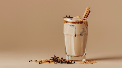 Soft beige backdrop showcasing a sleek glass of iced chai latte with cinnamon sticks and star anise