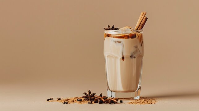 Soft beige backdrop showcasing a sleek glass of iced chai latte with cinnamon sticks and star anise
