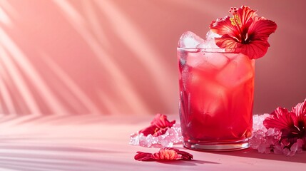 Soft coral backdrop displaying an elegant glass of iced hibiscus tea with a hint of honey and a hibiscus flower garnish