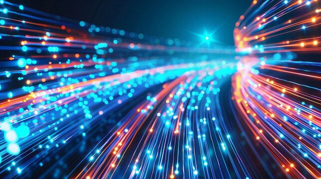 High speed data transmission through optical fiber, realistic technology concept image