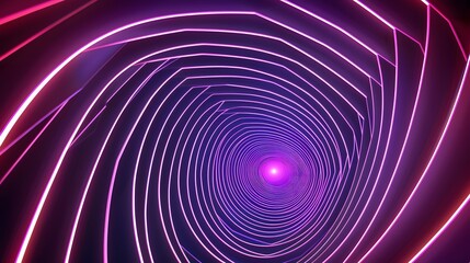 Graphic design art of abstract illusion of spiral with geometric shapes of pink and violet neon lines. 