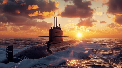Submarine emerges at sunset  military vessel navigating oceandefense technology concept.