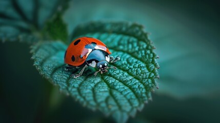 Obraz premium Macro Photography of a Ladybug on a Green Leaf