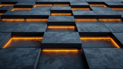 Abstract 3D Concrete Tiles with Orange Neon Lights  Modern Design Background