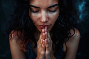 Woman prays hands clasped together dark forest garden intimate atmosphere. Close-up portrait woman blue dress clasped hands prayerful expression serene. Woman in contemplation peaceful moment nature.