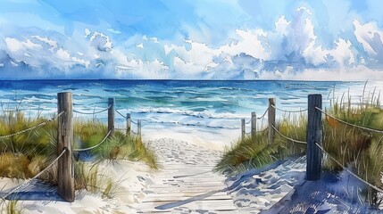 Fototapeta premium Watercolor Painting of a Sandy Beach Path Leading to the Ocean with a Wooden Fence