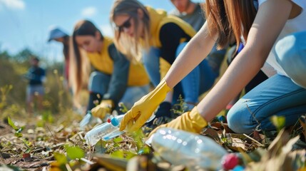 Fototapeta premium Volunteers wearing gloves clean up litter in a natural area, emphasizing community efforts in environmental conservation and pollution prevention
