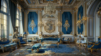 Obraz premium Opulent palace rococo style with blue velvet, gold accents in luxurious setting